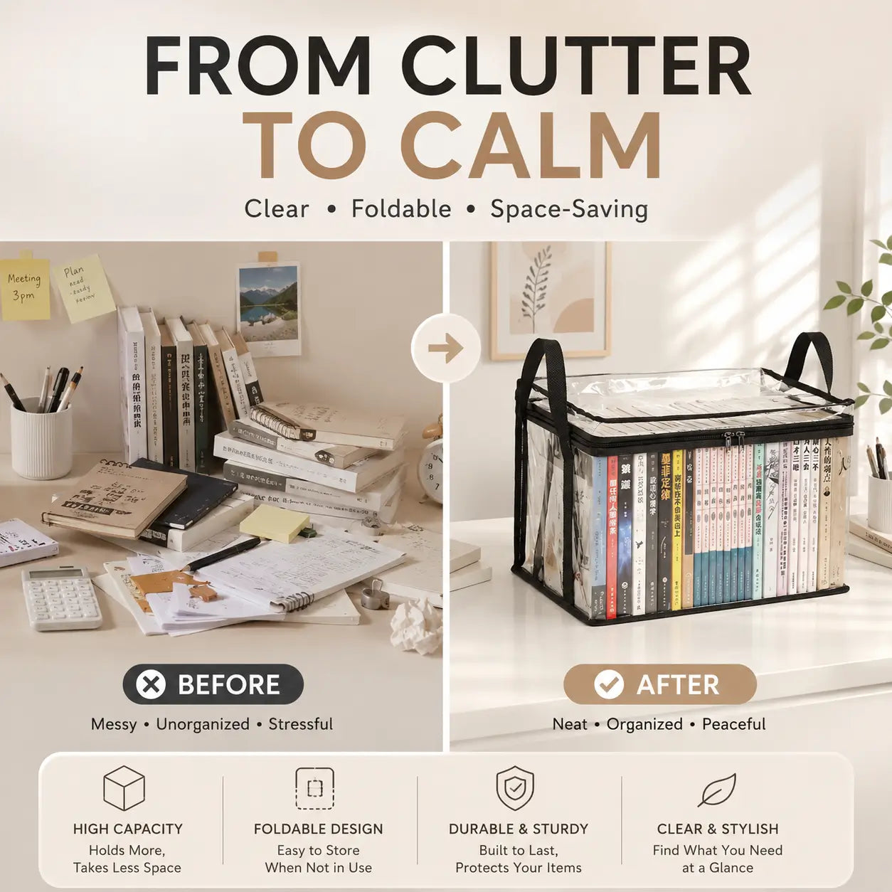 Foldable Transparent Book & Storage Organizer Box — Waterproof, Portable & Space-Saving