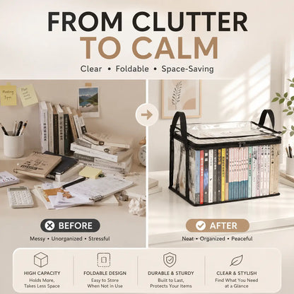 Foldable Transparent Book & Storage Organizer Box — Waterproof, Portable & Space-Saving