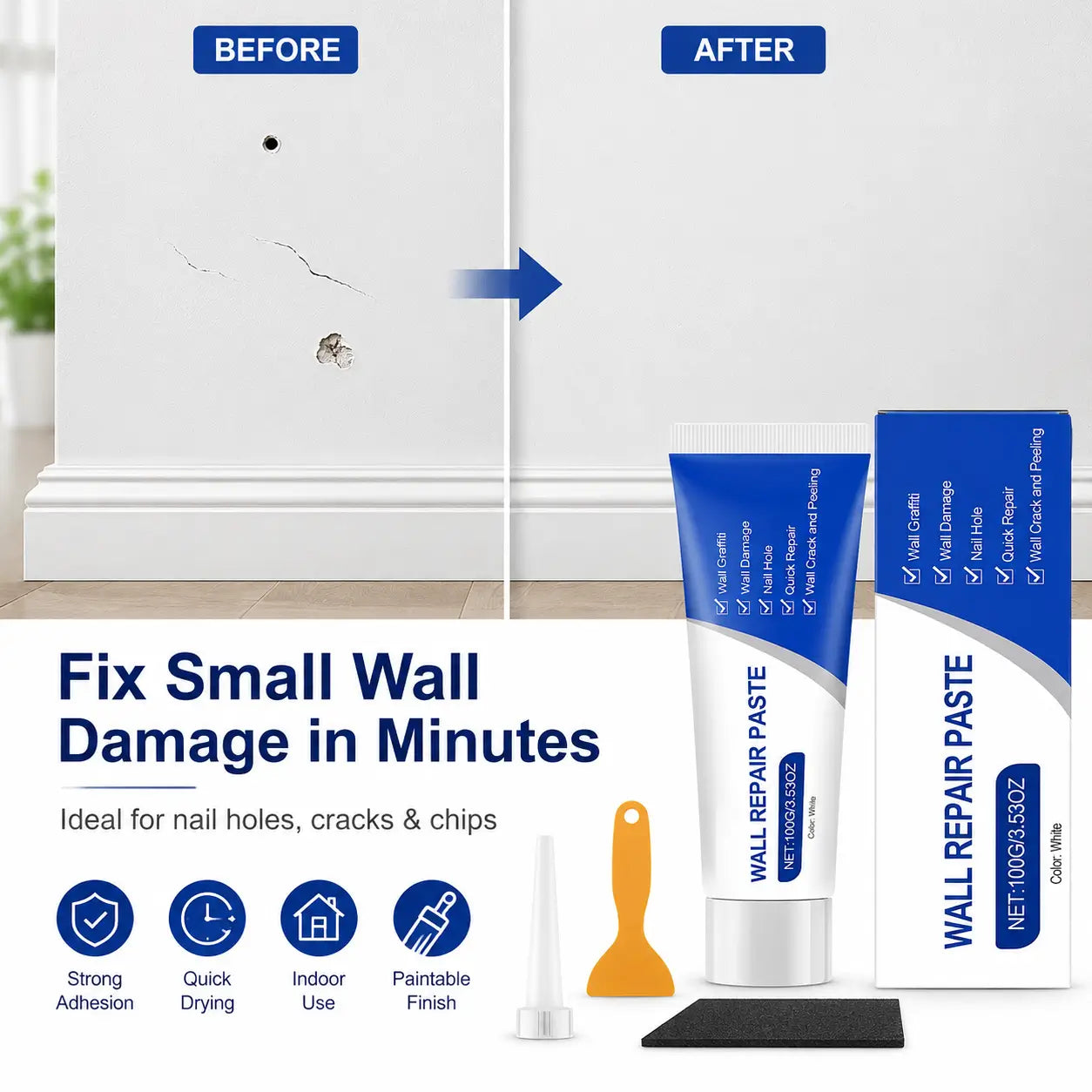 Wall Repair Paste Kit (100g) with Scraper — Fast-Drying Filler for Holes & Cracks