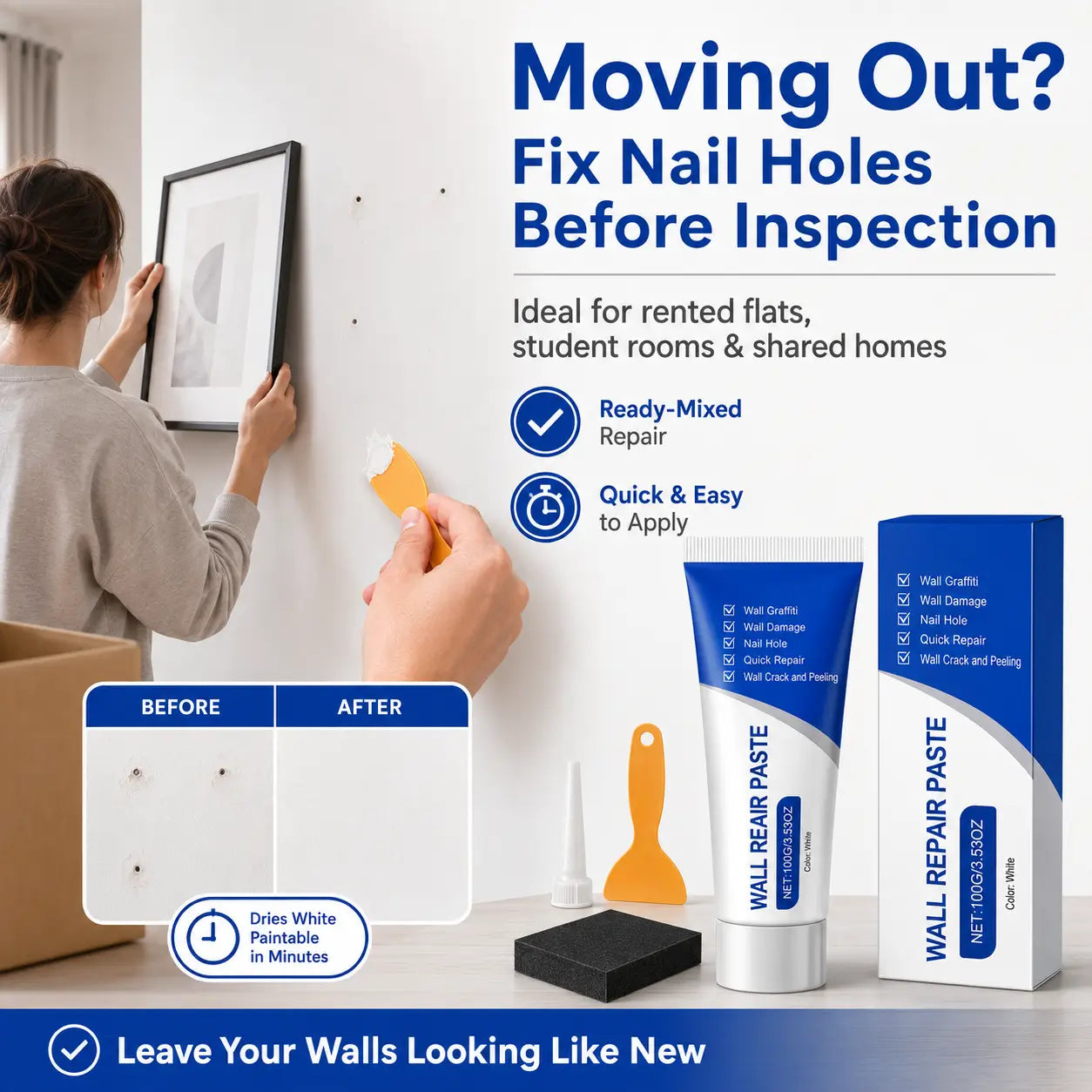 Wall Repair Paste Kit (100g) with Scraper — Fast-Drying Filler for Holes & Cracks