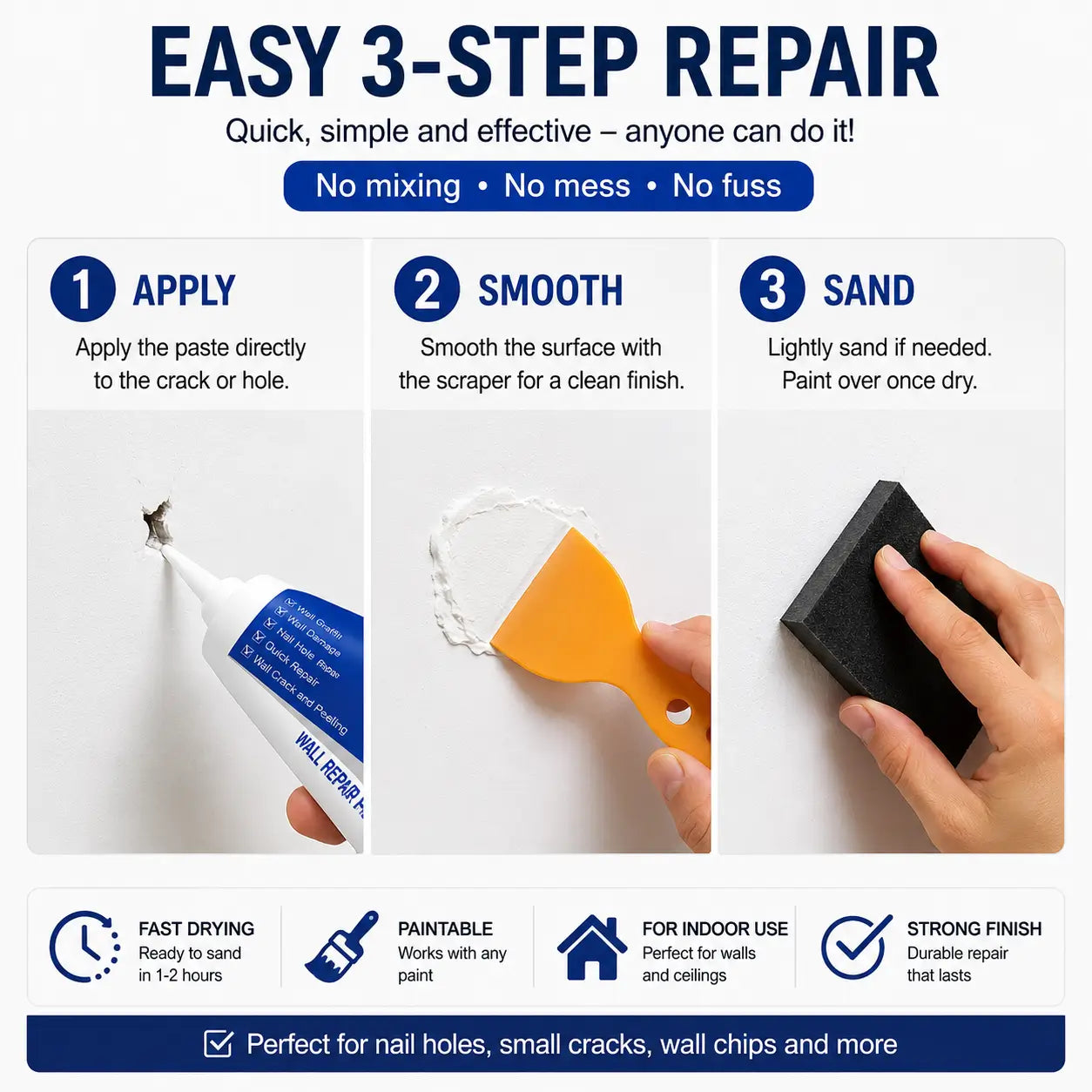 Wall Repair Paste Kit (100g) with Scraper — Fast-Drying Filler for Holes & Cracks
