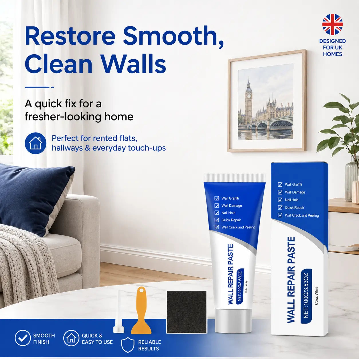 Wall Repair Paste Kit (100g) with Scraper — Fast-Drying Filler for Holes & Cracks